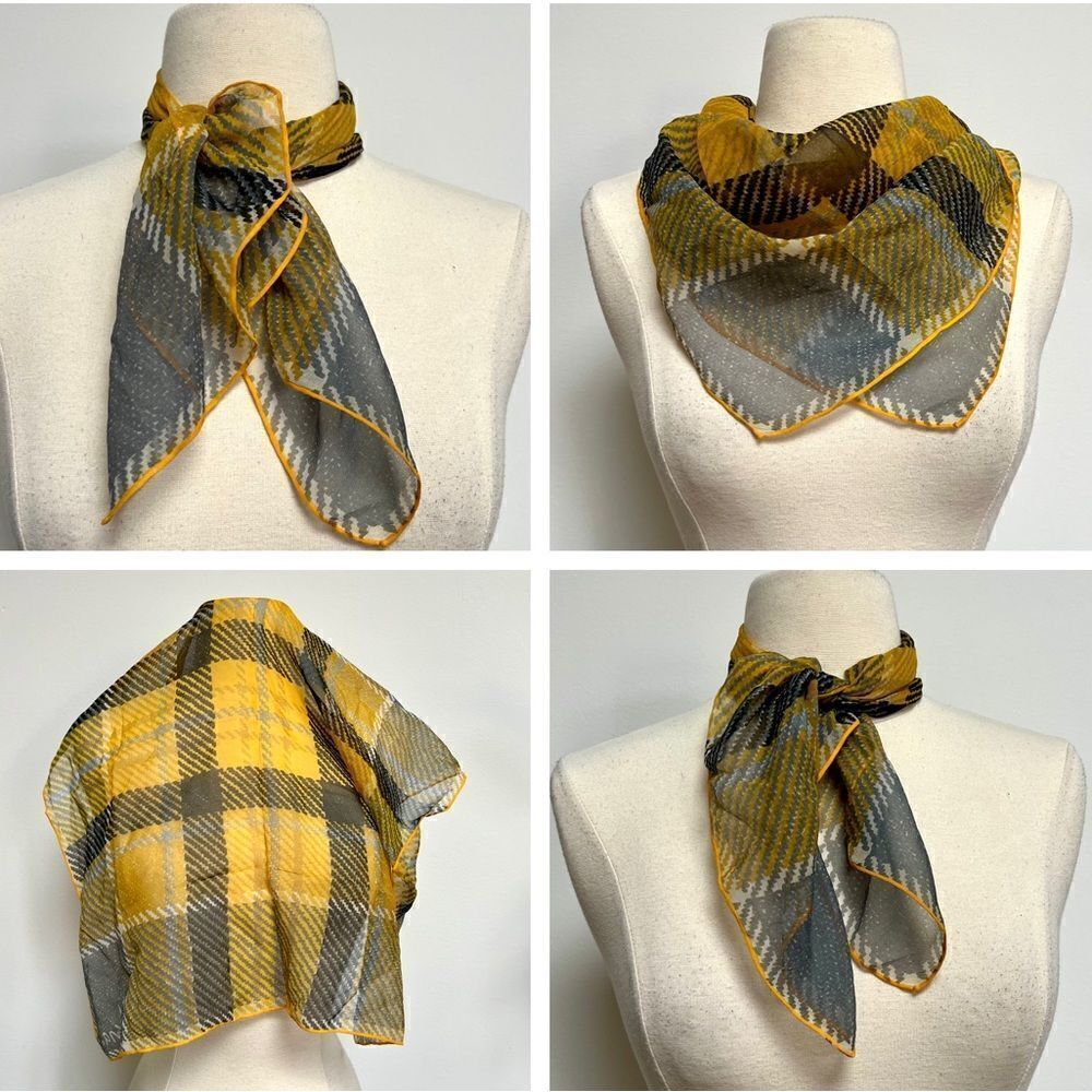 1960s Vera Neumann Verasheer hand rolled marigold black Plaid Houndstooth Scarf